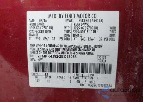 2016 Ford Edge Sel z USA, uszkodzony, nr VIN 2FMPK4J92GBC33086
